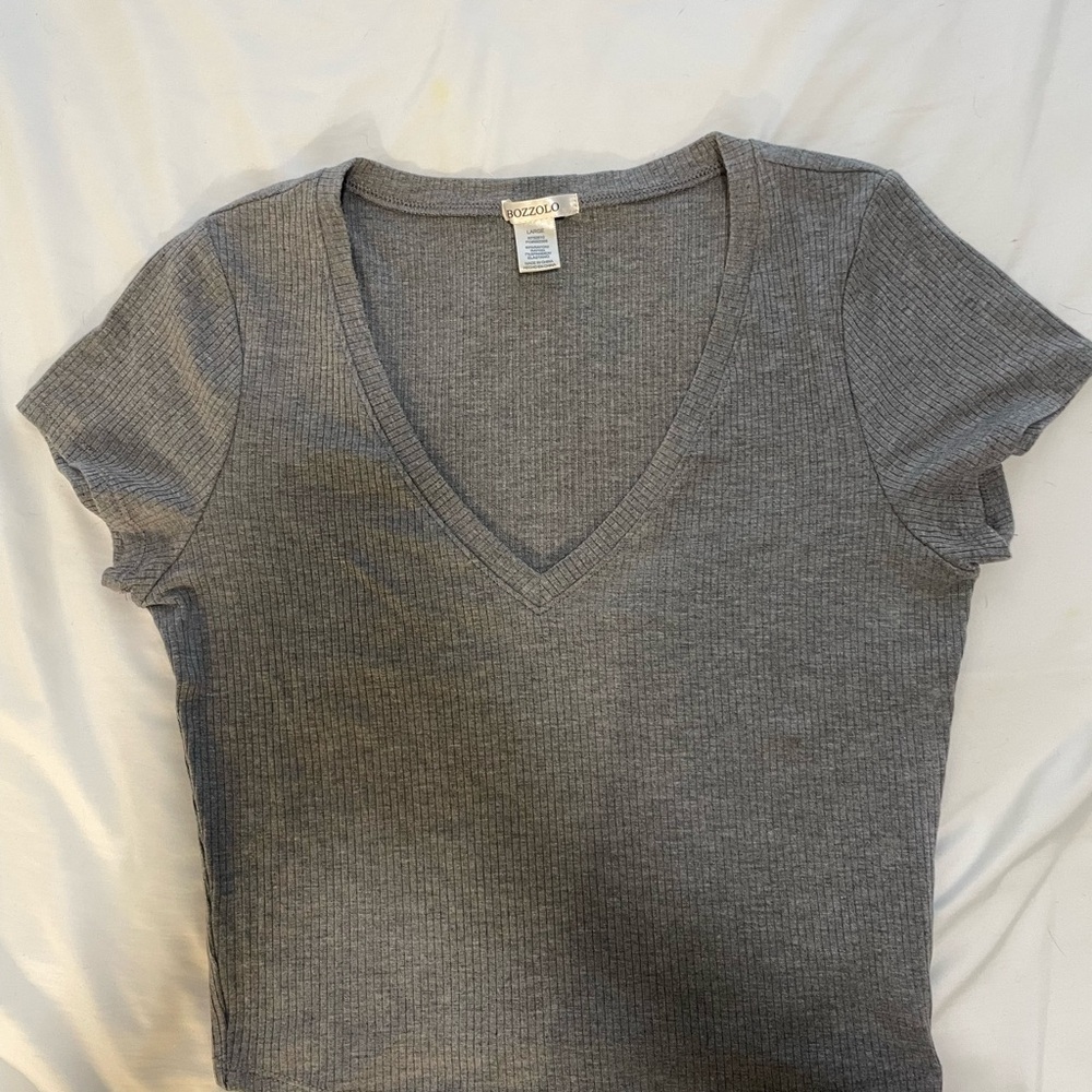 Gray V-Neck Ribbed Top